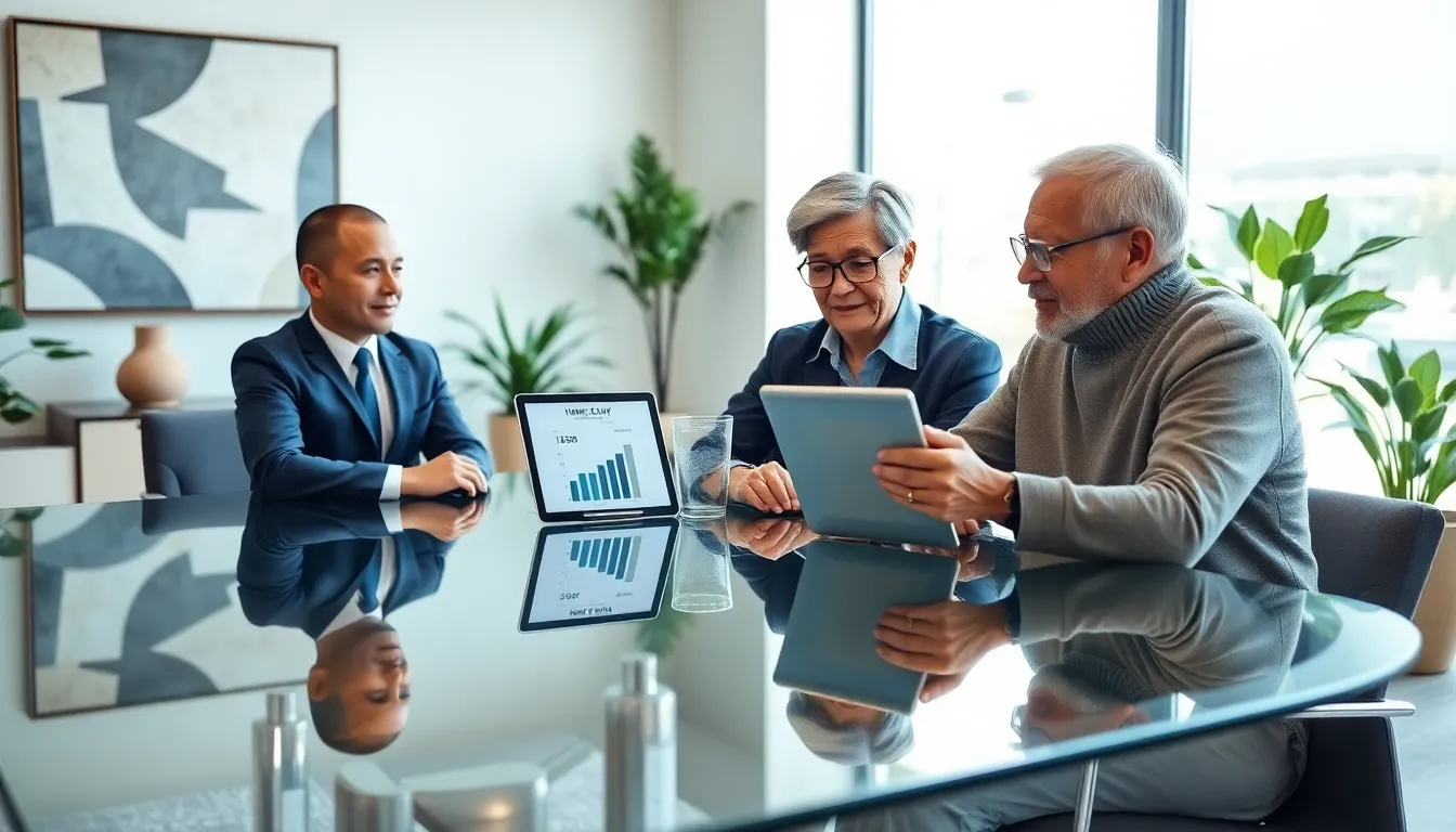 financial advisor explains home equity to a retired couple in a modern office.