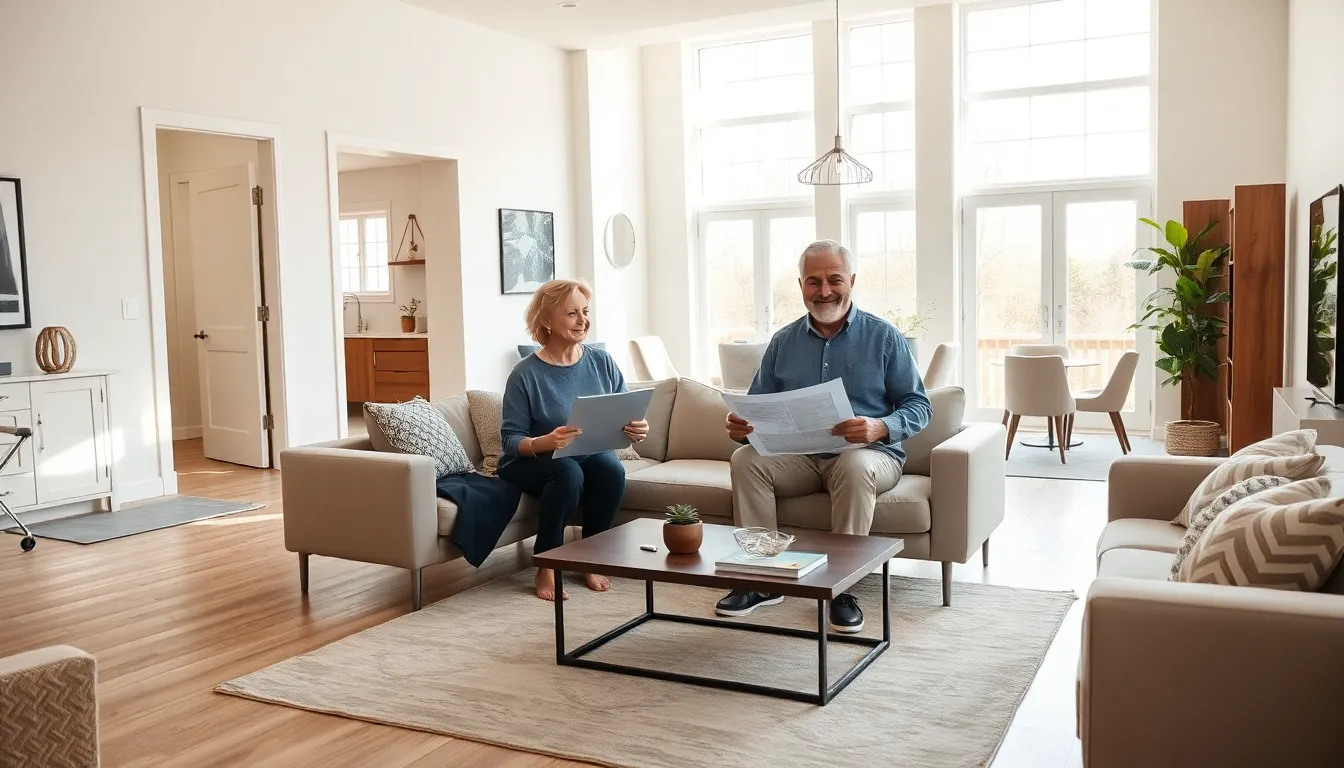 retired couple discussing home remodeling plans in a modern living room.