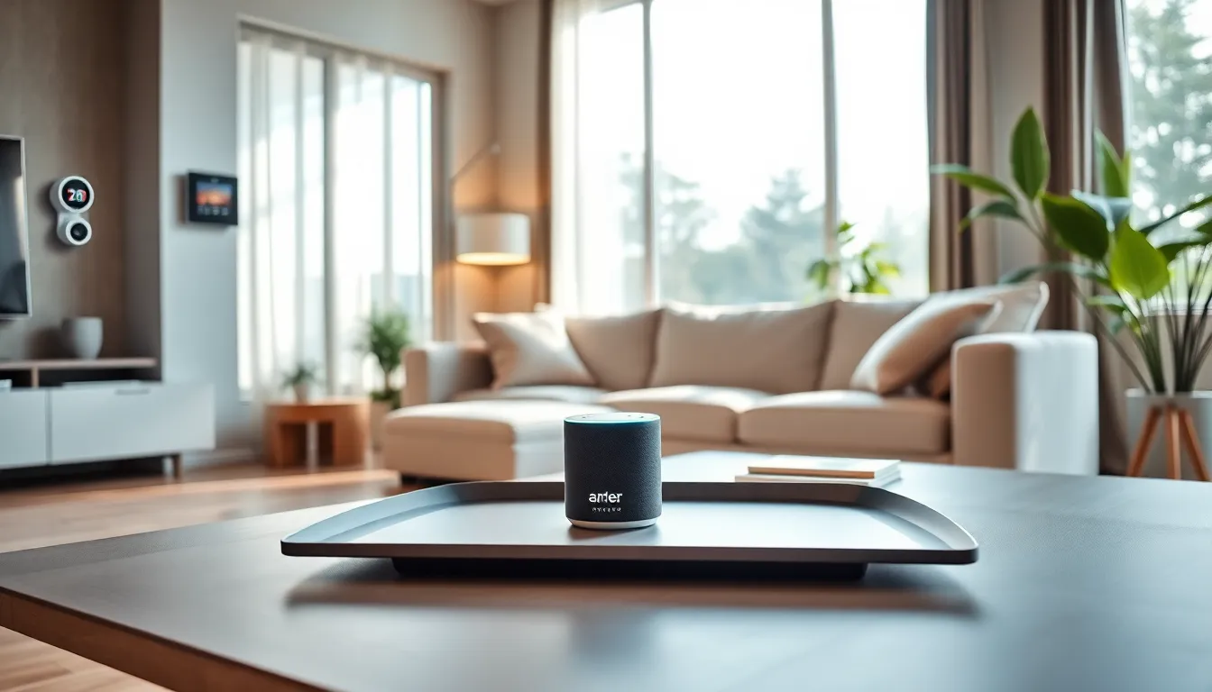 modern living room with smart home gadgets and decor.