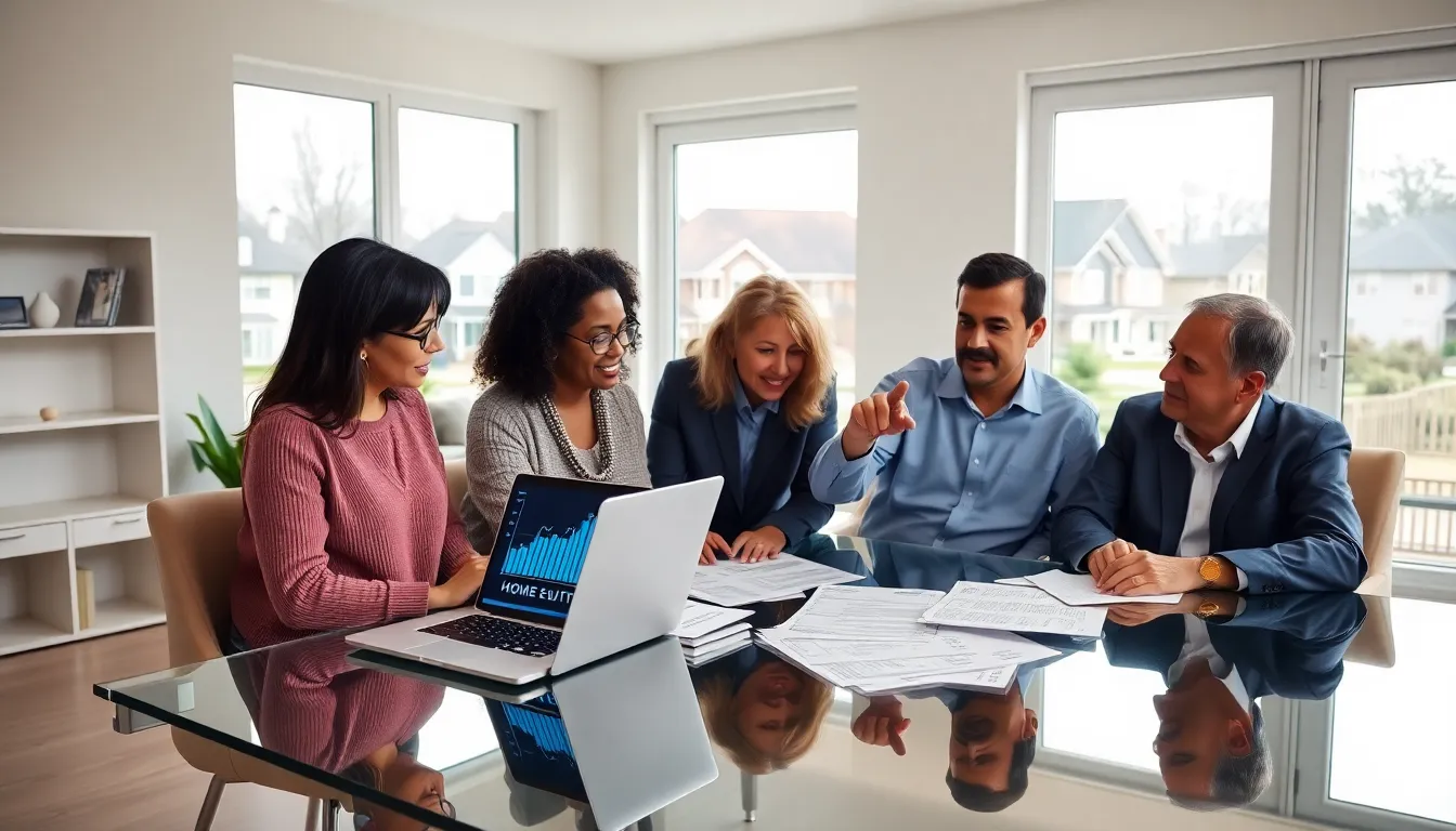 professionals discussing home equity in a modern office setting.