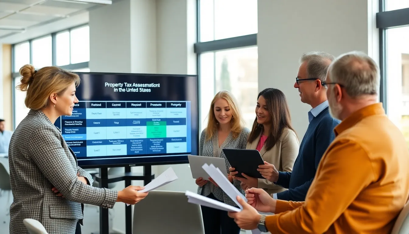 diverse group discussing property tax assistance with a tax advisor.