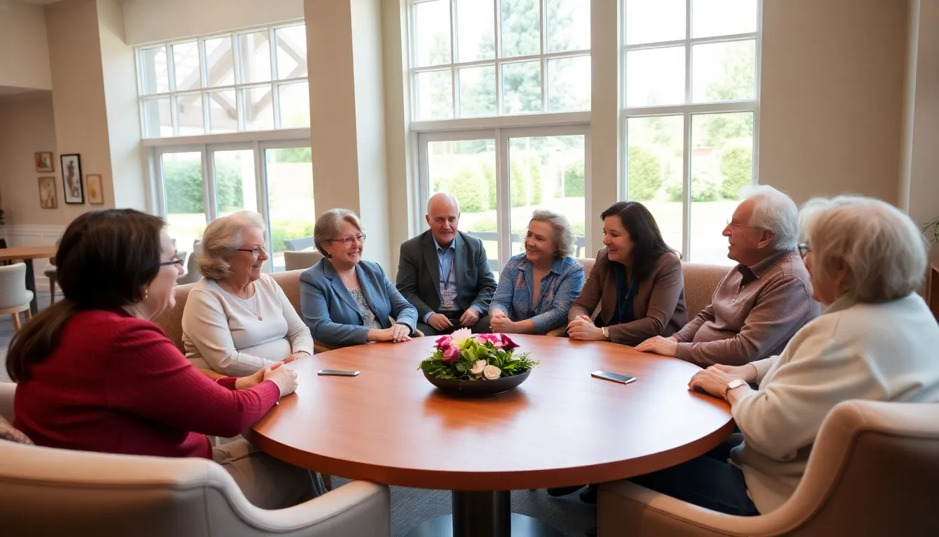 seniors engaging in conversation in a modern retirement community.