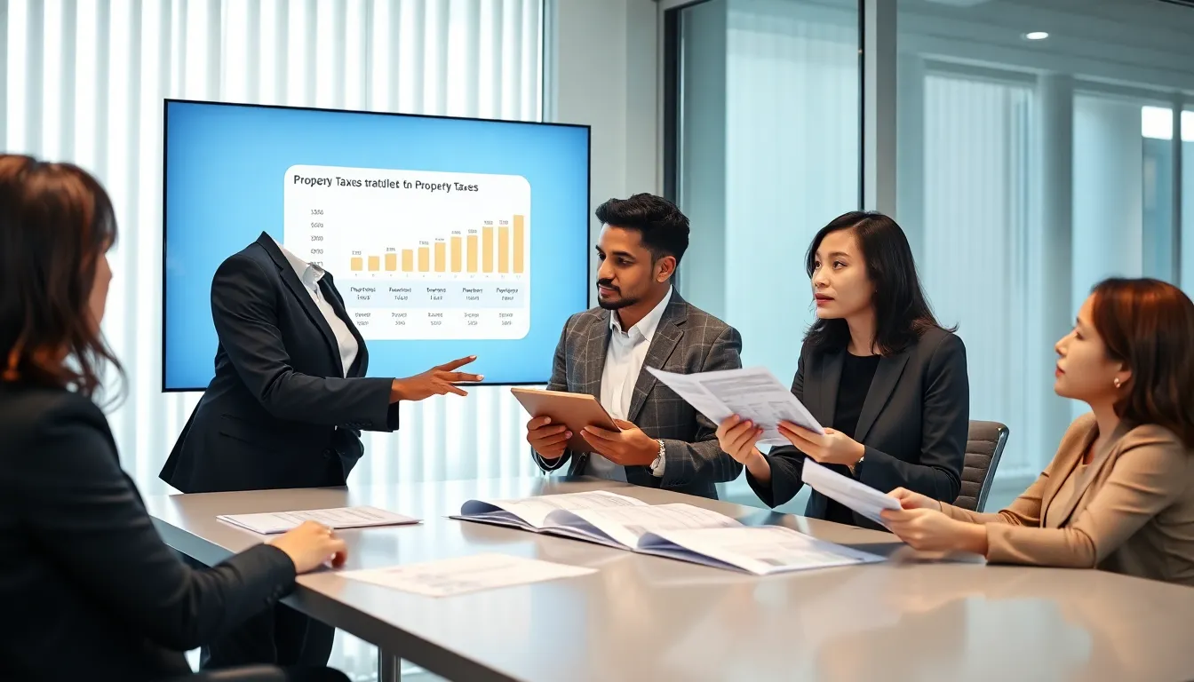 diverse professionals discussing property tax assessments in a modern office.